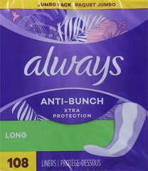 Always Panty Liners for Women Anti-Bunch Xtra Protection Daily Liners, Long, Unscented 108 Count (Pack of 4)