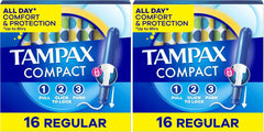 Tampax Pocket Pearl Tampons Regular Absorbency with LeakGuard Braid, Unscented, 16 Count (Pack of 2)