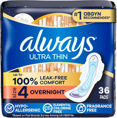 Always Ultra Thin Feminine Pads with Wings for Women, Size 4, Overnight Absorbency, Unscented, Up to 100% Leak-Free Comfort, 36 Count