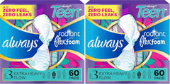 Always Radiant Teen Pads, Size 3, Extra Heavy, with Wings, Unscented,60 Count (Pack of 2)