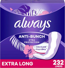 Always Panty Liners for Women Anti-Bunch Xtra Protection Daily Liners, Extra Long, Unscented, 116 Count x 2 (232 Total)