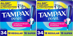 Tampax Pearl Tampons, Regular/Super Absorbency | Unscented | Leakguard Braid | 34 Count | Pack of 2