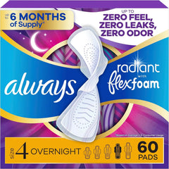 Always Radiant Feminine Pads for Women, Flexfoam Pads with Wings, Size 4, Overnight Absorbency, Lightly Scented, 60 Count (3 Packs of 20)