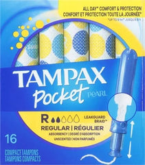 Tampax Pocket Pearl Tampons Regular Absorbency with LeakGuard Braid, Unscented, 16 Count (Pack of 2)