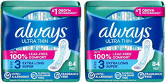Always Ultra Thin Feminine Pads with Wings for Women, Size 3, Extra Long Super Absorbency, Unscented, Up to 100% Leak-Free Protection,84 Count (Pack of 2)