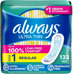 Always Ultra Thin Feminine Pads Without Wings for Women, Size 1, Regular Absorbency, Unscented, Up to 100% Leak-Free Protection, 44 Count x 3, 132 Count Total