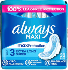 Always Maxi Feminine Pads with Wings for Women, Size 3, Extra Long Super Absorbency, Unscented, Up to 100% Leak-Free Protection, 33 Count