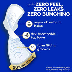 Always Infinity Feminine Pads for Women, Flexfoam Pads with Wings, Size 5, Extra Heavy Overnight Absorbency, Unscented, 132 Count (6 Packs of 22)