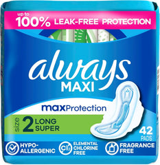 Always Maxi Feminine Pads with Wings for Women, Size 2, Long Super Absorbency, Unscented 42 Count