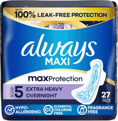 Always Maxi Overnight Feminine Pads with Wings for Women, Size 5, Extra Heavy Overnight Absorbency, Unscented, Up to 100% Leak-Free Protection, 27 Count