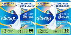 Always Infinity Feminine Pads for Women, Flexfoam Pads Without Wings, Size 2, Heavy Absorbency, Unscented, 96 Count (Pack of 2)