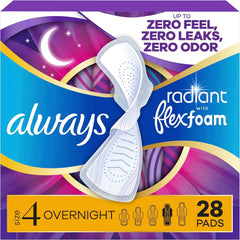 Always Radiant Feminine Pads for Women, Flexfoam Pads with Wings, Size 4, Overnight Absorbency, Lightly Scented, 28 Count
