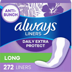 Always Panty Liners for Women Anti-Bunch Xtra Protection Daily Liners, Long, Unscented, 136 Count x 2 (272 Total)