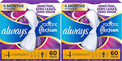 Always Radiant Feminine Pads for Women, Flexfoam Pads with Wings, Size 4, Overnight Absorbency, Lightly Scented, 60 Count (Pack of 2)
