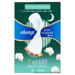 Always Extra Heavy Overnight Pure Cotton Pads with Wings - Size 5 - 18ct
